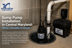 Sump pump installation in a Central Maryland basement showing primary pump, discharge pipe, and battery backup system with Scardina Home Services branding