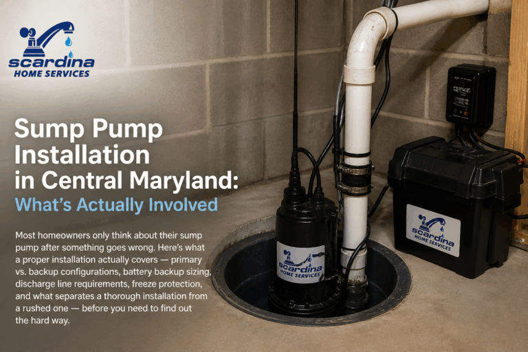 Sump pump installation in a Central Maryland basement showing primary pump, discharge pipe, and battery backup system with Scardina Home Services branding