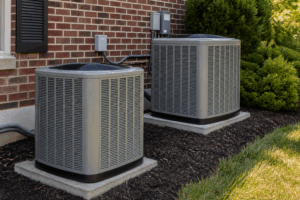 Two modern outdoor air conditioning condenser units beside a brick home, illustrating residential HVAC system options.