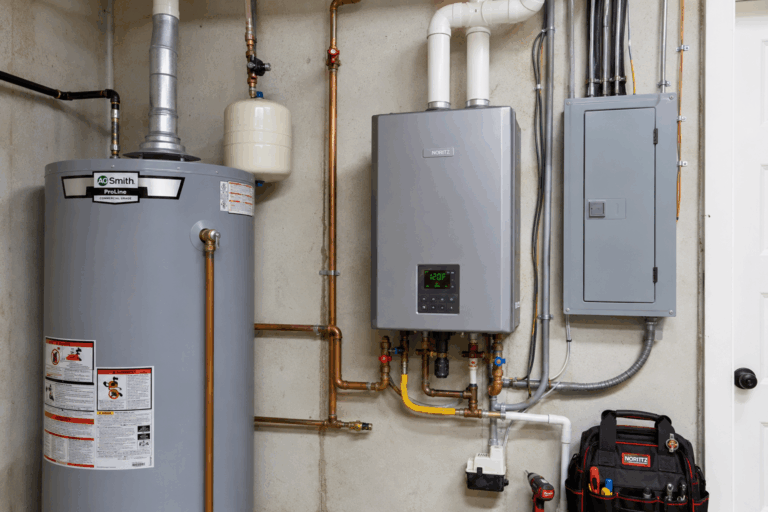 Side-by-side tank and tankless water heater installation in a Maryland basement utility room with visible gas lines, venting, and electrical panel upgrades.
