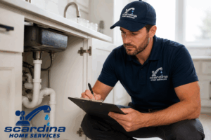 Licensed plumber inspecting under-sink pipes and noting findings on a clipboard in a modern Maryland home kitchen, Scardina Home Services branding visible