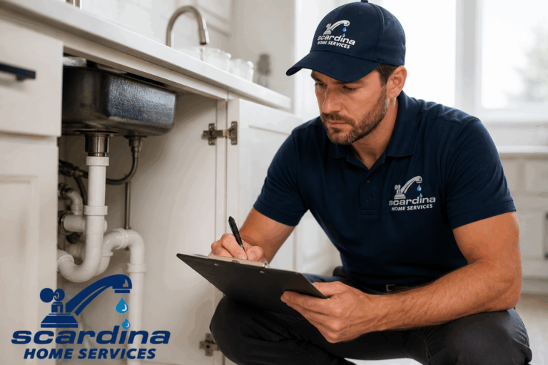 Licensed plumber inspecting under-sink pipes and noting findings on a clipboard in a modern Maryland home kitchen, Scardina Home Services branding visible