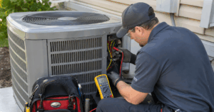 HVAC technician using a multimeter to inspect wiring inside an outdoor air conditioning unit during a routine tune-up