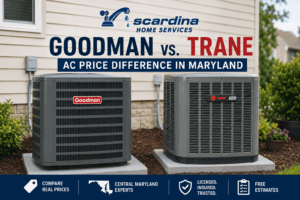 Goodman vs. Trane air conditioner units installed outside a Maryland home, comparing AC replacement costs and value for homeowners