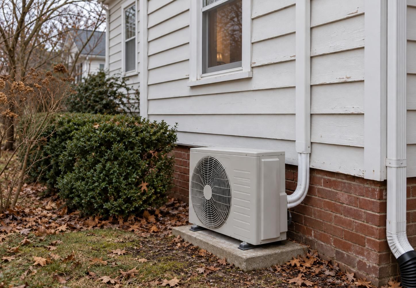 Ductless mini-split outdoor condenser on a concrete pad beside an older clapboard home, with the refrigerant line set running into the wall in a white cover.